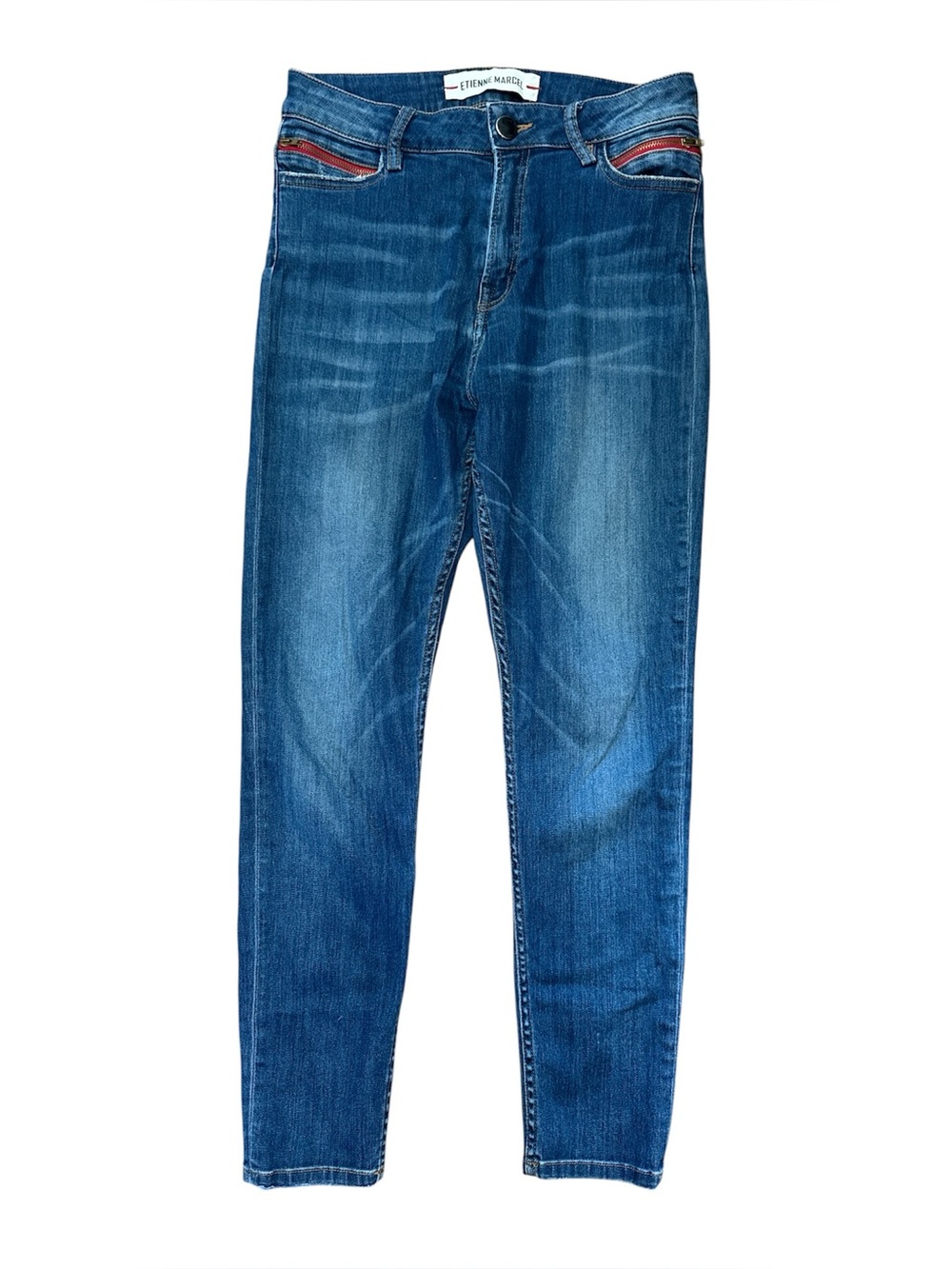 ETIENNE MARCEL Women's Blue Skinny Jeans W Red Zipper Accent